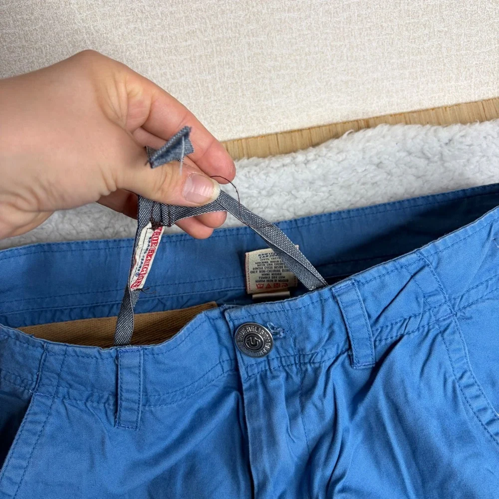 True Religion Blue Cargo Pants Mens 34 baggy loose Horseshoe Stitch Made in USA